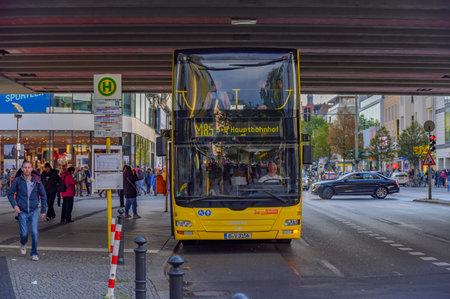Berlin, Germany - October 5, 2019: Bus, which is used in public transport, at a bus stop in Berlin-Steglitz, Germany.のeditorial素材