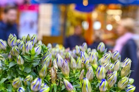Floral arrangement on the edge of a shopping street with blurred pedestrians in the background.