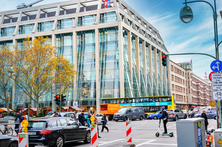 Berlin, Germany - November 22, 2019: View of a busy intersection with a shopping mall on Berlin's boulevard Tauentzien.のeditorial素材