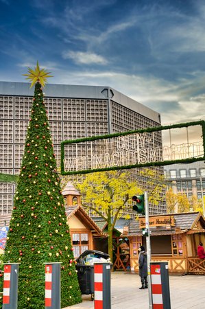 Berlin, Germany - November 22, 2019: Measures to protect against a terrorist attack on the Christmas market next to the historic Kaiser Wilhelm Memorial Church, as it took place on December 19, 2016.のeditorial素材