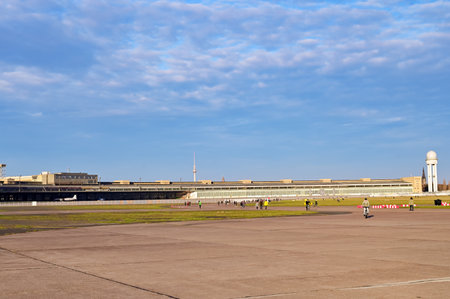 Berlin, Germany - December 29, 2019: View over the area of the former Tempelhof airport in the center of Berlin, which is now used as a recreation area for walking, cycling, skating and kiting.のeditorial素材