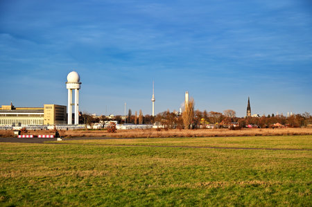 Berlin, Germany - December 29, 2019: View over the area of the former Tempelhof airport in the center of Berlin, which is now used as a recreation area for walking, cycling, skating and kiting.のeditorial素材