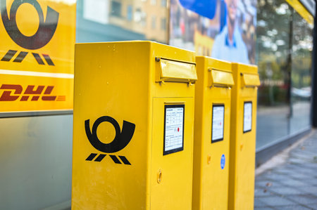 Berlin, Germany - October 5, 2019: Several mailboxes with the German Post logo in typical yellow on a sidewalk in Berlin, Germany.のeditorial素材