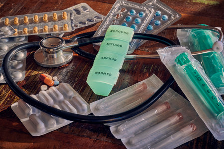 Berlin, Germany - March 2, 2020: Various medical objects, such as stethoscopes and tablets, for the treatment and prevention of diseases. Text on the box: German for morning, noon, evening and night.のeditorial素材