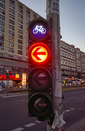 Berlin, Germany - June 30, 2018: Night shot of a bicycle traffic light in the city center of Berlin, in which the signal lights red.のeditorial素材