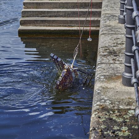 A bank that is completely covered with mud, algae and barnacles is saved by committed citizens from the Spree in the middle of Berlin.の写真素材