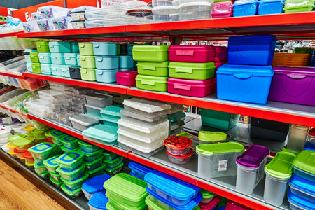 Berlin, Germany - June 10, 2020: View of a shelf where you can see a colorful selection of different goods.のeditorial素材