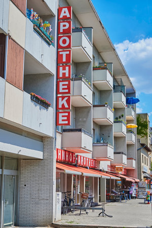 Berlin, Germany - July 14, 2020: A pharmacy in a small shopping street in Berlin, Germany.のeditorial素材