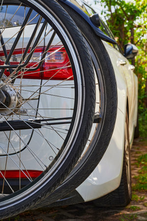Berlin, Germany - May 8, 2020: Detail view of a car with two bikes on a cycle carrier.のeditorial素材