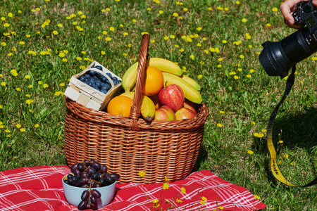 Berlin, Germany - July 30, 2020: Basket of various fruits in sunlight on a meadow with yellow flowers that is being photographed.のeditorial素材