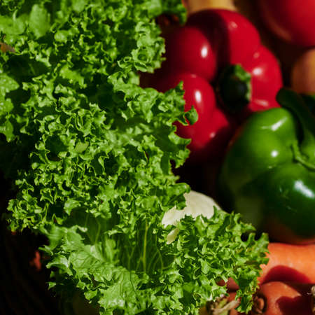 Macro shot of a basket of various vegetables in the sunlight.
