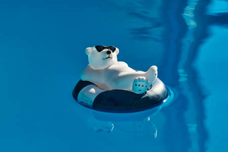 Pool decoration in the form of a relaxed bathing polar bear with sunglasses and a swim ring on blue water.の写真素材