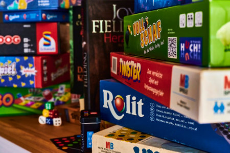 Berlin, Germany - September 6, 2020: Books and many different packs of board games.のeditorial素材