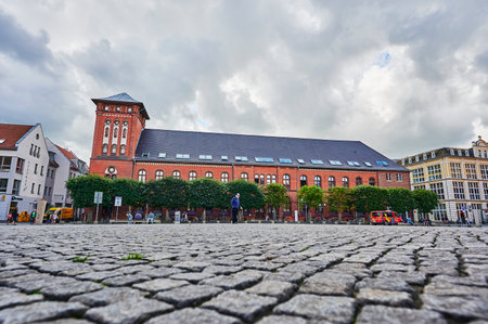 Greifswald, Germany - August 31, 2020: Cityscape of the historic market square of the Hanseatic city of Greifswald in Germany.のeditorial素材