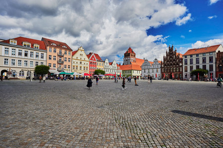 Greifswald, Germany - August 31, 2020: Cityscape of the historic market square of the Hanseatic city of Greifswald in Germany.のeditorial素材