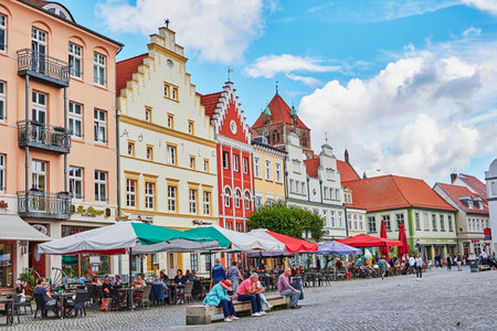 Greifswald, Germany - August 31, 2020: Cityscape of the historic market square of the Hanseatic city of Greifswald in Germany.のeditorial素材