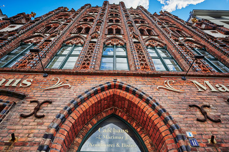 Greifswald, Germany - August 31, 2020: Cityscape of the historic market square of the Hanseatic city of Greifswald in Germany.のeditorial素材