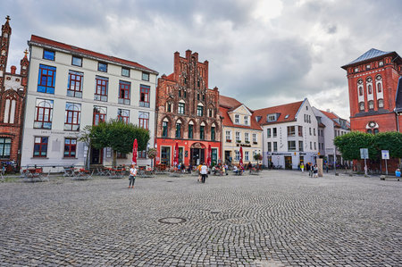 Greifswald, Germany - August 31, 2020: Cityscape of the historic market square of the Hanseatic city of Greifswald in Germany.のeditorial素材