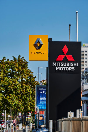Berlin, Germany - September 17, 2020: Signs of different car brands at a street in Berlin, Germany.のeditorial素材