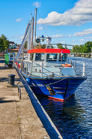 Greifswald, Germany - September 1, 2020: Boat of the water police in the port of Greifswald in Germany.のeditorial素材