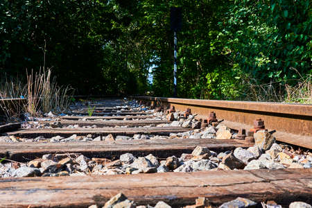 Seldom used, weathered railway line that is gradually overgrown by plants.