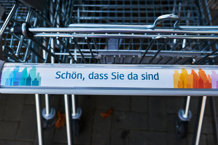 Berlin, Germany - October 3, 2020: View to a row of shopping carts in front of a shop.のeditorial素材