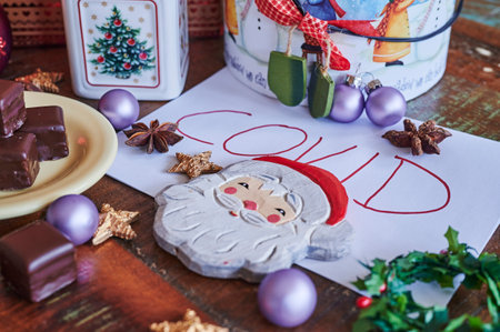 Photo of traditional Christmas decorations complemented by references to the corona pandemic.の写真素材