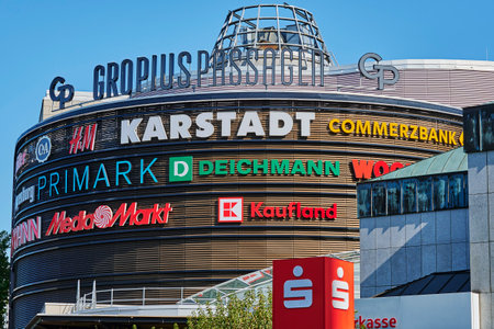 Berlin, Germany - September 17, 2020: Advertising space with different company names and logos on the facade of a shopping center in the south of Berlin.のeditorial素材