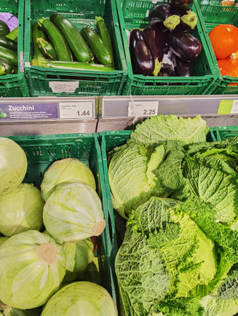 Berlin, Germany - November 26, 2020: View to a shelf with vegetables in a supermarket.のeditorial素材