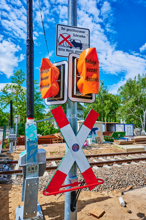 Berlin, Germany - May 29, 2020: Disabled signal system on a construction site on a railway line in South Berlin.のeditorial素材