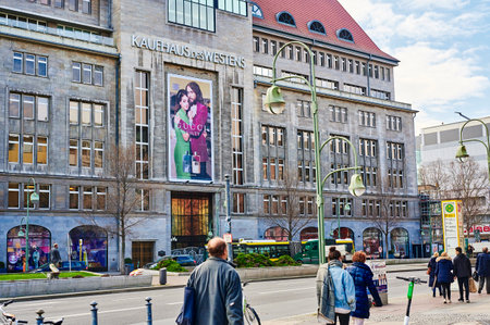 Berlin, Germany - March 19, 2020: Entrance of a traditional department store in Berlin, Germany, whose entrance is closed with an ornate grille due to the Covid-19 pandemic.のeditorial素材
