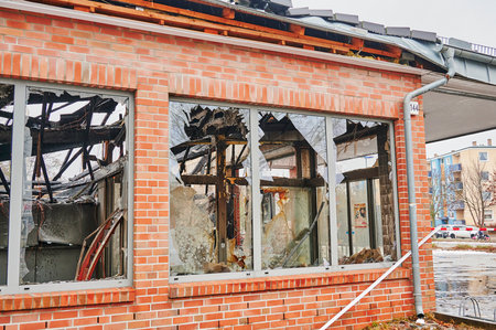 Berlin, Germany - January 1, 2021: Photo with details of a supermarket that burned out on New Year's Eve.のeditorial素材