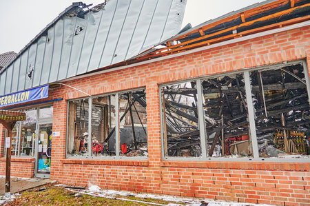 Berlin, Germany - January 1, 2021: Photo with details of a supermarket that burned out on New Year's Eve.のeditorial素材