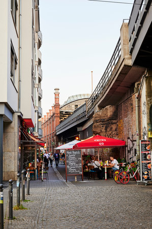 Berlin, Germany - June 17, 2019: Scene on the famous Hackescher Markt with street cafes and restaurants in the city center of Berlin.のeditorial素材