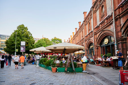 Berlin, Germany - June 17, 2019: Scene on the famous Hackescher Markt with street cafes and restaurants in the city center of Berlin.のeditorial素材