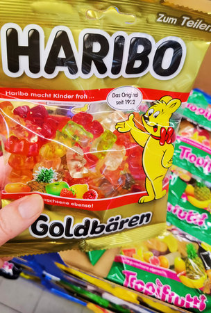 Berlin, Germany - January 20, 2021: View to a package of sweets in a supermarket.のeditorial素材