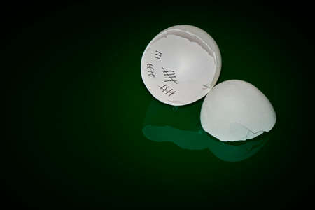 Broken eggshells with tally on the inside wall on a green underground with reflections.