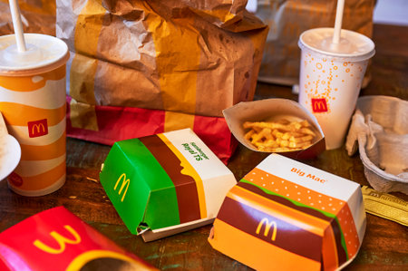 Berlin, Germany - February 13, 2021: Close up of waste from a fast food meal lying on a table.のeditorial素材