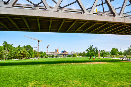 Berlin, Germany - May 10, 2020: Scene in the park at Gleisdreieck in the center of Berlin in Germany.のeditorial素材