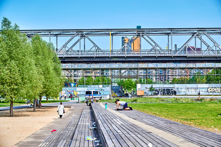 Berlin, Germany - May 10, 2020: Scene in the park at Gleisdreieck in the center of Berlin in Germany.のeditorial素材