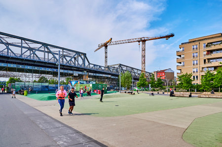 Berlin, Germany - May 10, 2020: Scene in the park at Gleisdreieck in the center of Berlin in Germany.のeditorial素材