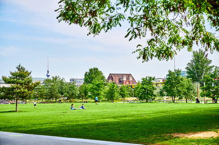 Berlin, Germany - May 10, 2020: Scene in the park at Gleisdreieck in the center of Berlin in Germany.のeditorial素材