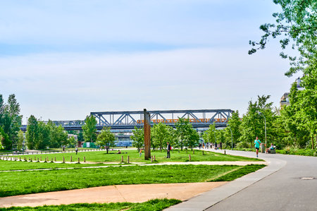 Berlin, Germany - May 10, 2020: Scene in the park at Gleisdreieck in the center of Berlin in Germany.のeditorial素材