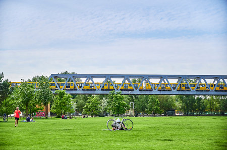 Berlin, Germany - May 10, 2020: Scene in the park at Gleisdreieck in the center of Berlin in Germany.のeditorial素材