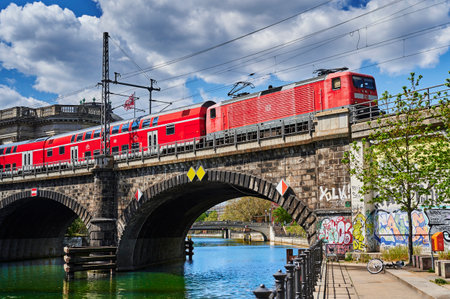 Berlin, Germany - April 26, 2020: Rail traffic in the center of Berlin near the Berlin Museum Island.のeditorial素材