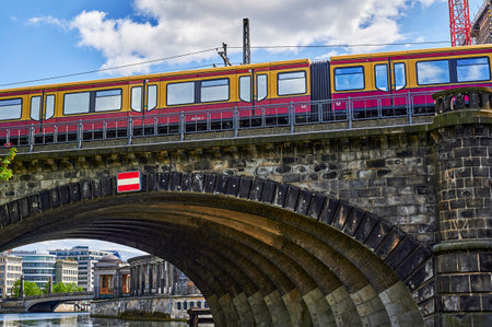 Berlin, Germany - April 26, 2020: Rail traffic in the center of Berlin near the Berlin Museum...