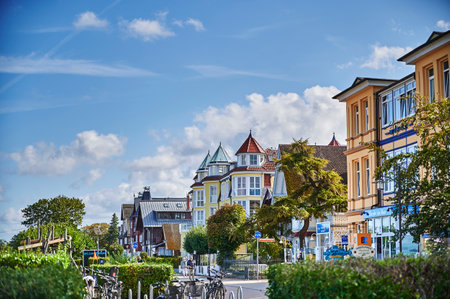 Bansin, Germany - September 13, 2019: Typical buildings at the Bansin promenade on the island of Usedom.のeditorial素材