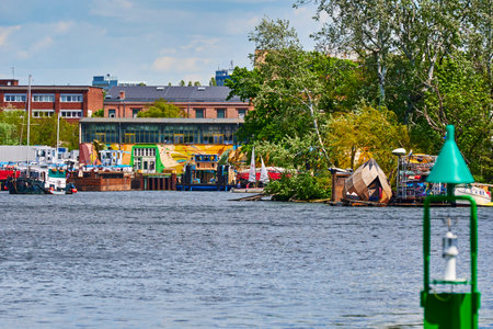 Berlin, Germany - May 21, 2021: Scene at the river Spree in Berlin-Treptow near the Insel der Jugend.のeditorial素材