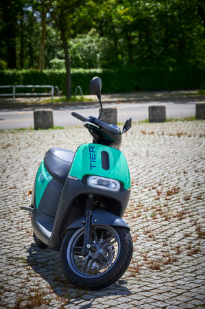 Berlin, Germany - May 27, 2021: Moped with electric drive for rent in Berlin.