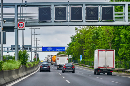 Berlin, Germany - May 28, 2021: Scene on the Berlin A100 freeway with various vehicles at the start of rush hour traffic.のeditorial素材